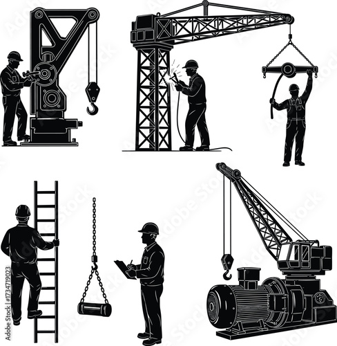 Construction silhouettes, industrial workers, crane operation, welding inspection, scaffolding teamwork, heavy machinery, engineering industry, building site, safety labor, infrastructure development