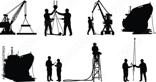 Industrial silhouettes, construction workers, crane lifting, land surveying, maritime shipyard, engineering teamwork, scaffolding safety, dock operations, infrastructure development, heavy machinery