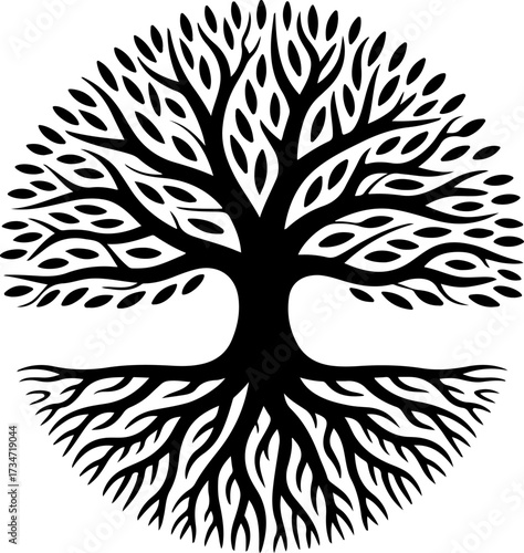 Symbolic Tree of Life Icon with Root System and Branches
