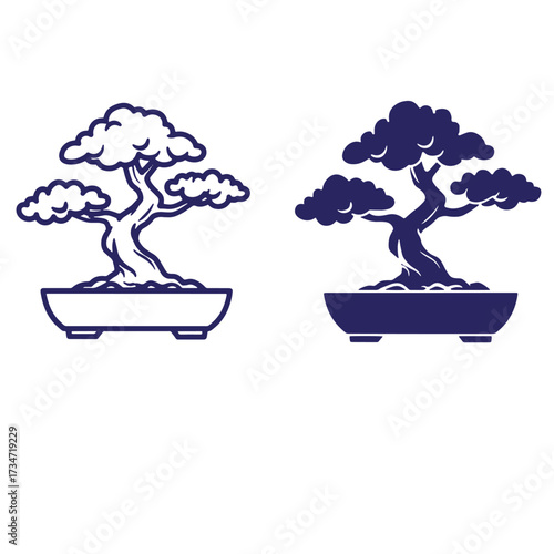 Two elegant stylized bonsai trees illustrations in blue and white minimalist zen design
