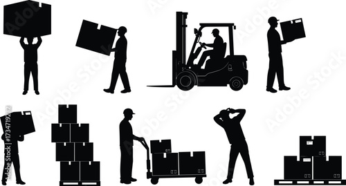 warehouse, worker, silhouette, logistics, forklift, box, cargo, teamwork, safety, industry, occupation, labor