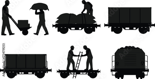 railway, worker, silhouette, logistics, wheelbarrow, sack, box, cargo, railcar, locomotive, teamwork, safety