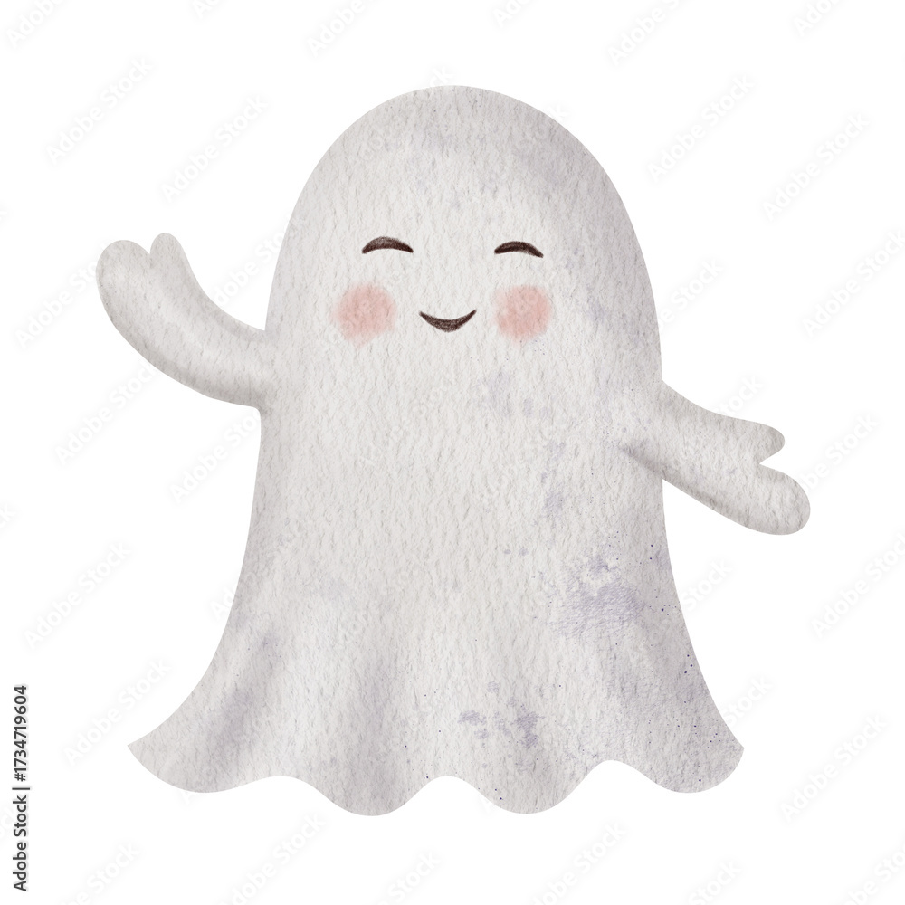 Obraz premium Little ghost with a cute smile. Hand painted Watercolor friendly spooky character isolated on a background. Perfect for Halloween festivities, childrens party invites, posters, and greeting cards.