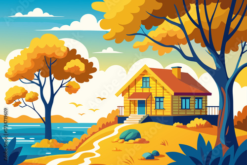  a bright yellow house sits on a beach shaded 
