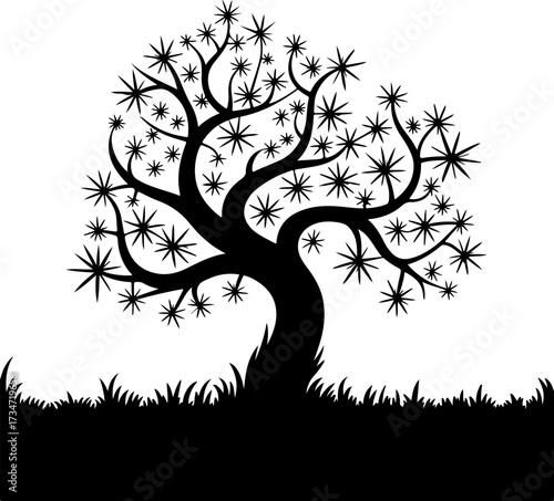 Stylized Silhouette Tree with Grass, Black and White Illustration