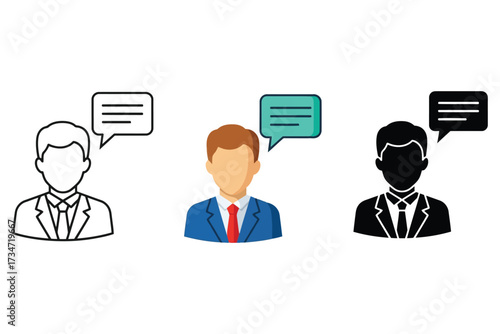 Illustration of a businessman with a speech bubble, representing communication, conversation, or professional advice