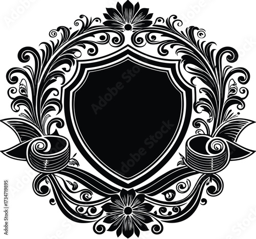 Black and white vintage floral ornate frame with an antique baroque pattern design for elegant vector art illustration
