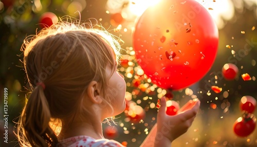 Child Playing with Red Balloon and Confetti in Outdoor Sunlight