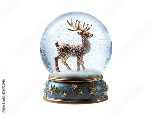 Christmas Snow Globe with Golden Reindeer Figurine on White Background