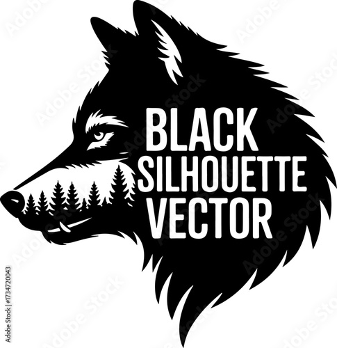 Black Silhouette Vector of a Wolf with a Pine Forest Inside its Head