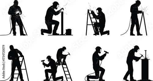 Construction worker silhouettes welding, drilling, hammering, ladder climbing, industrial labor, metalwork, safety gear, teamwork, heavy tools, black vector illustration