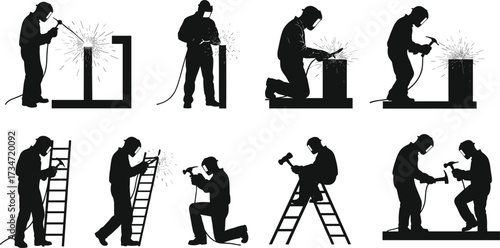 Welding worker silhouettes with safety helmets, grinding, hammering, ladder climbing, industrial labor, construction teamwork, protective gear, skilled trades, black vector illustration