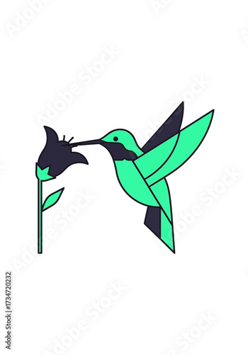 Flat Geometric Hummingbird Drinking Nectar From Flower Vector
