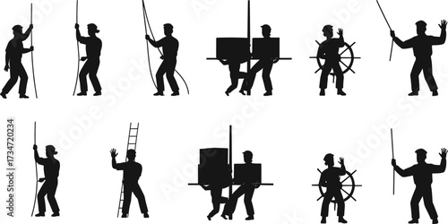 Silhouettes of sailors working, climbing ropes, steering ships, carrying cargo, maritime workers in action, nautical crew, seafarer illustration.