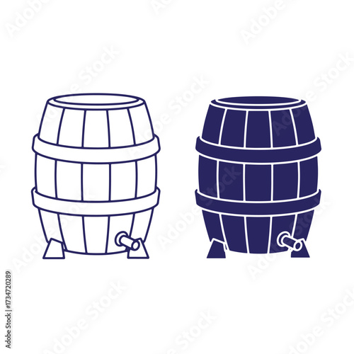 Two outline illustrations of wooden beer barrels in different dark blue color schemes