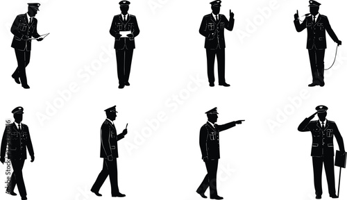 Black silhouette of air force officer, military pilot captain in uniform, aviation commander poses, vector crew illustration, soldier salute, leadership concept