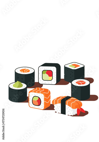 Colorful Flat Vector Japanese Sushi and Maki Assortment