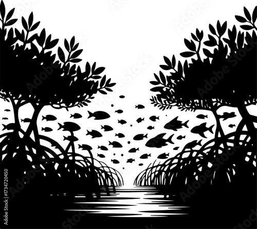 Mangrove Ecosystem with Abundant Fish Life Underwater Scene Black and White Illustration