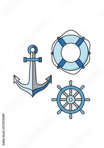 Blue Flat Cartoon Nautical Travel Elements Set