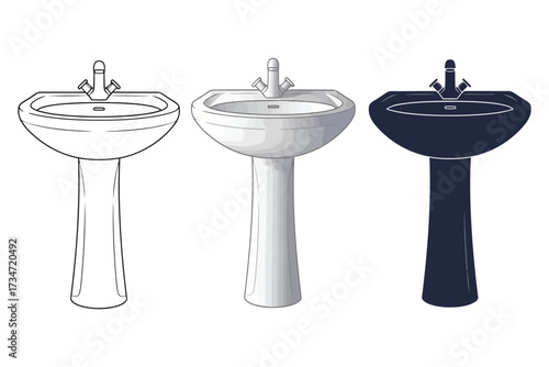 Vector art of three pedestal sinks in different styles, the image shows a pedestal sink in three different styles outline, solid, and shaded