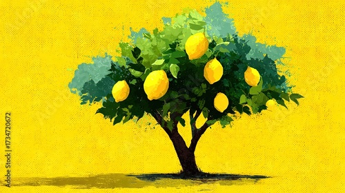   Lemon tree painting with abundant ripe lemons on top, set against a vibrant yellow backdrop