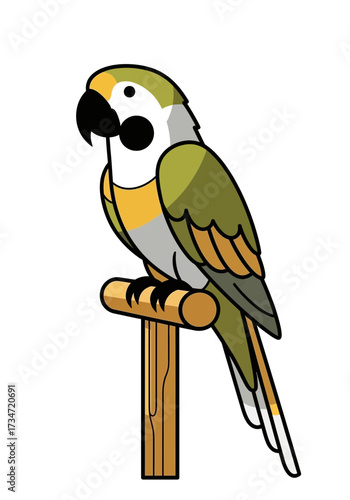 Cute Flat Cartoon Parrot Perched on Wooden Stand