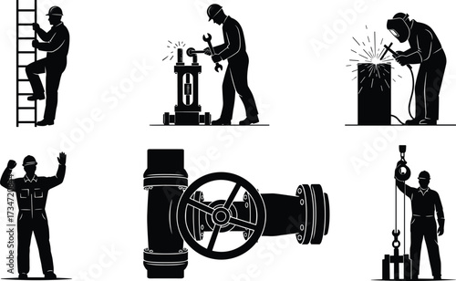 industrial, worker, silhouette, welding, hammer, ladder, hoist, valve, toolbox, construction, maintenance, repair, safety, teamwork, occupation, vector, illustration, profession, engineering