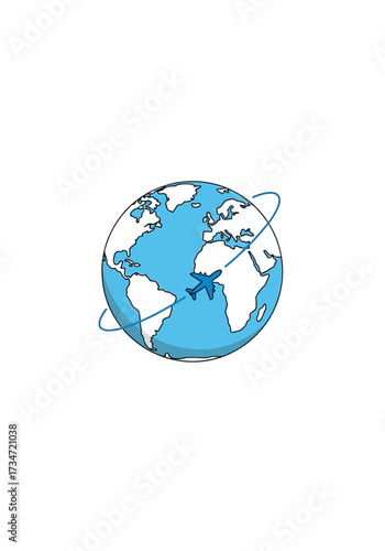 Flat Vector Illustration of Airplane Traveling Around Globe