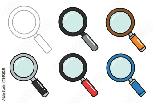 Vector art of magnifying glass set collection of search icons in different colors and styles for finding information, investigation, and exploration