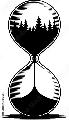 Conceptual woodcut illustration of a forest inside an hourglass, a powerful symbol for climate change and deforestation
