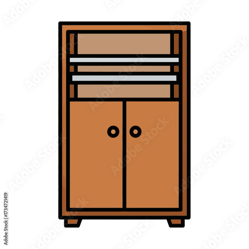 Illustration of a brown cabinet with doors and shelves.