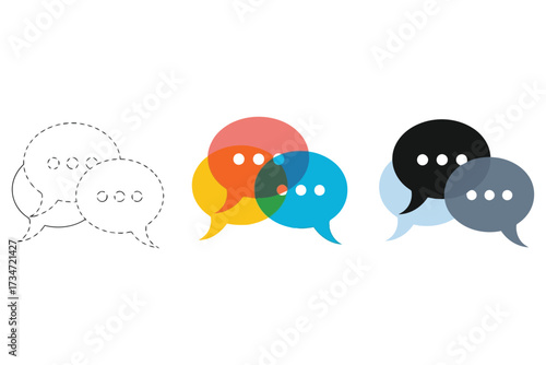 Vector art of speech bubble in three different styles outline, color and glyph vector illustration of communication and message chat and conversation icon set