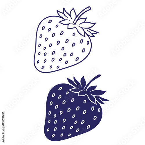 Two simplified dark blue strawberry outlines over white background for food design projects