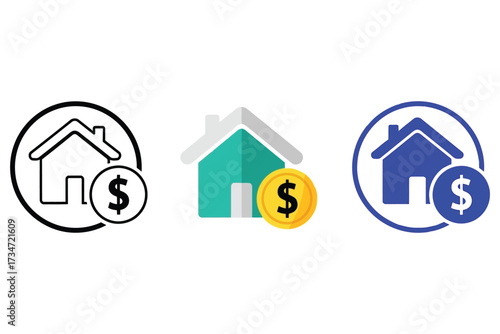 Vector art of illustrations of a house with a dollar sign, representing real estate costs, home values, or mortgage payments