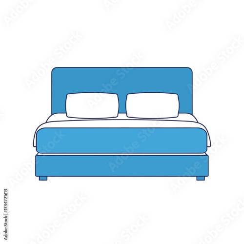 A front-facing illustration of a blue bed with two pillows and a blanket, simple design.