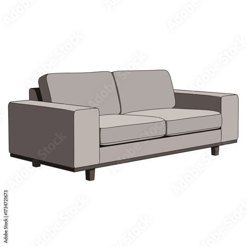 A minimalist, modern, two-seater sofa with clean lines and a neutral gray fabric upholstery.