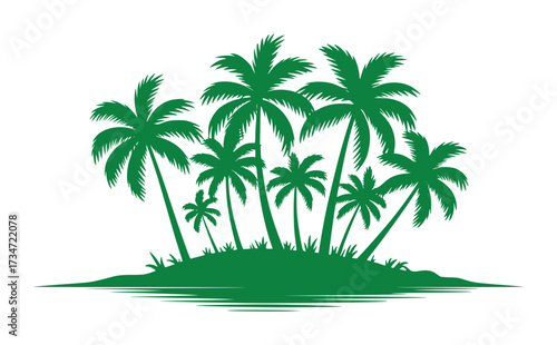A cluster of green palm trees silhouetted on a small island with water reflections