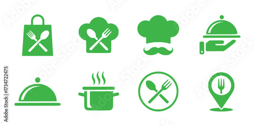 Collection of Green Food and Restaurant Icons on White Background