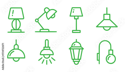 Collection of Green Line Art Icons Representing Various Lighting Fixtures