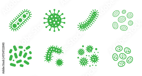 Collection of Green Microbe and Virus Icons on White Background