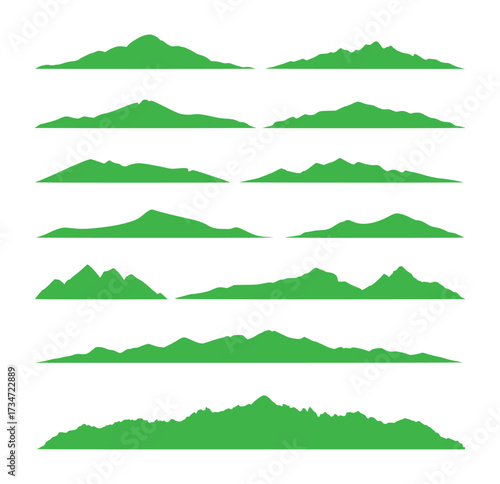 Collection of Green Mountain Silhouettes on White Background