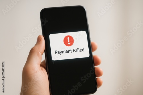 Hand holding smartphone with payment failed notification screen representing online transaction error, banking issue and financial warning
