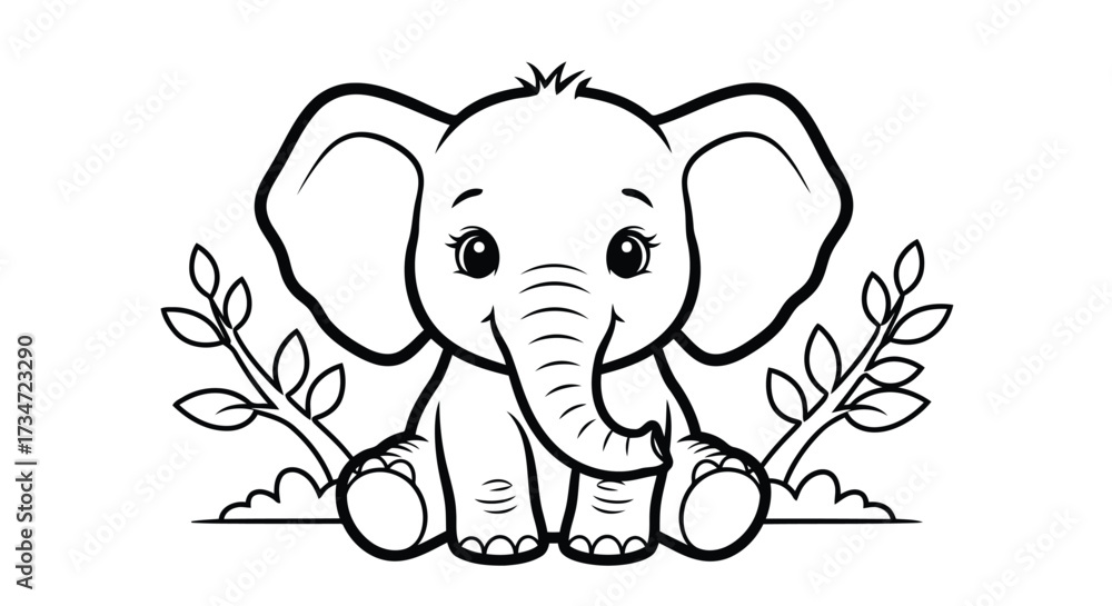 Fototapeta premium Adorable baby elephant sitting, perfect for coloring pages