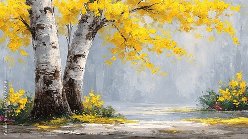   A stunning image of a yellow-leafed tree against a serene river backdrop, adorned with vibrant yellow flowers