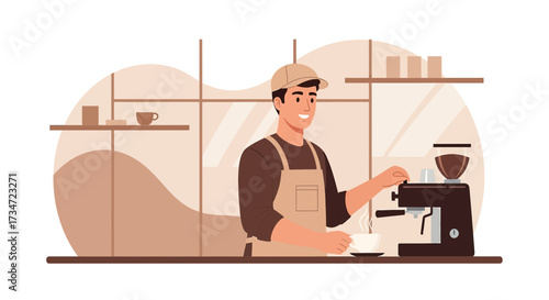 A barista preparing espresso in a modern coffee shop with minimalist aesthetic details showcasing