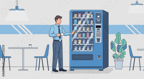 A Business man takes a break with a coffee from the vending machine in office area