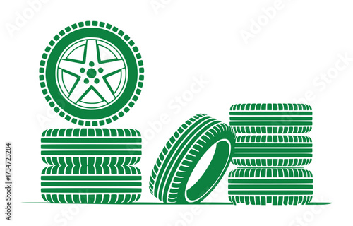 Green Car Tires Stacked and Displayed on White Background