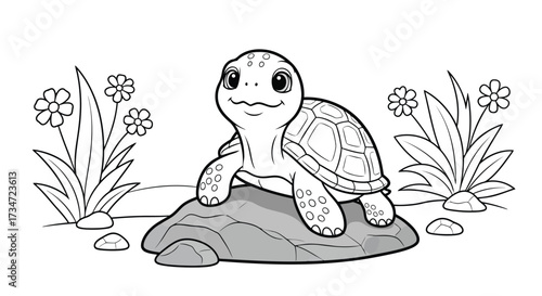 Cute turtle on a rock surrounded by flowers coloring page vector
