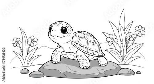 Adorable turtle sitting on a rock with flowers coloring page vector