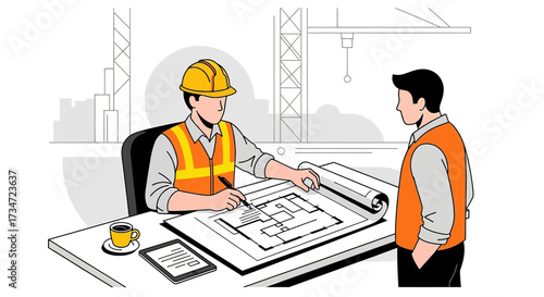 Architect and engineer discussing construction plan blueprints at construction site meeting